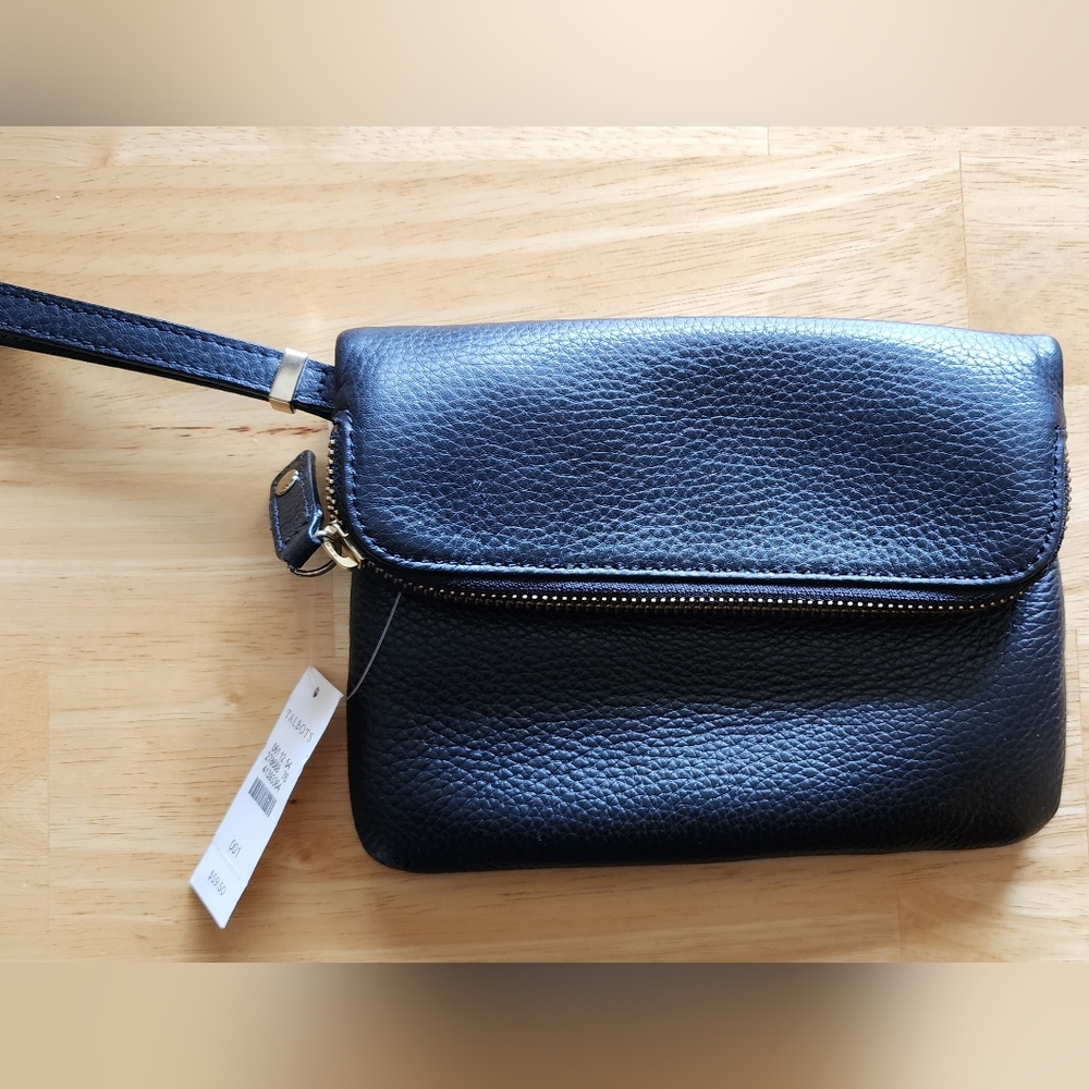 Talbots Black Pebbled Leather Fold Over Wristlet NWT